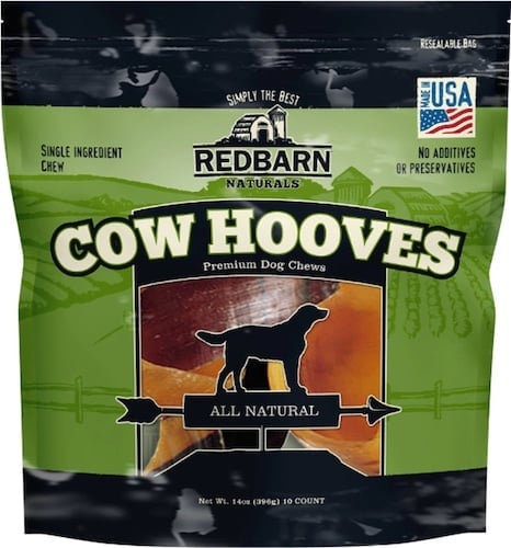 Green and black bag of cow hooves dog chews