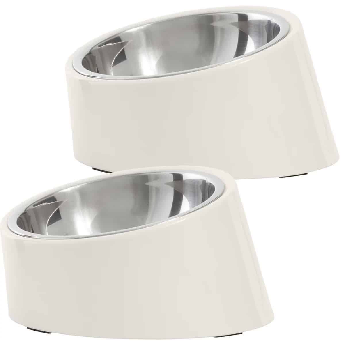 slanted melamine dog bowl stand with metal bowl