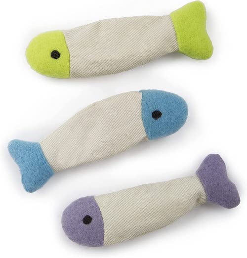 Three colorful fish crinkle toys for cats