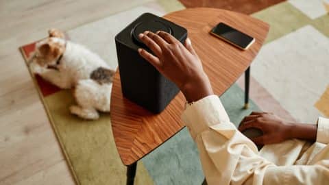 Black woman using speakers to play noises for her dog