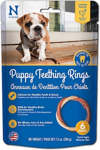 Blue bag of puppy teething ring chews