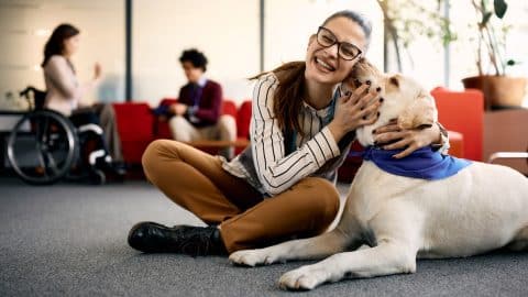 A woman sitting with an office therapy dog on the ground