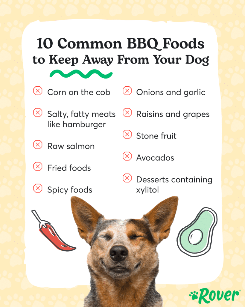 Infographic listing toxic BBQ foods for dogs during cookouts, Memorial Day, and July 4th.