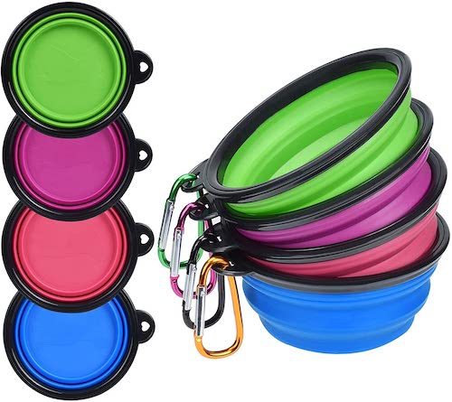 Four colorful foldable dog bowls