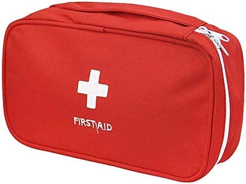 red and white travel first aid bag