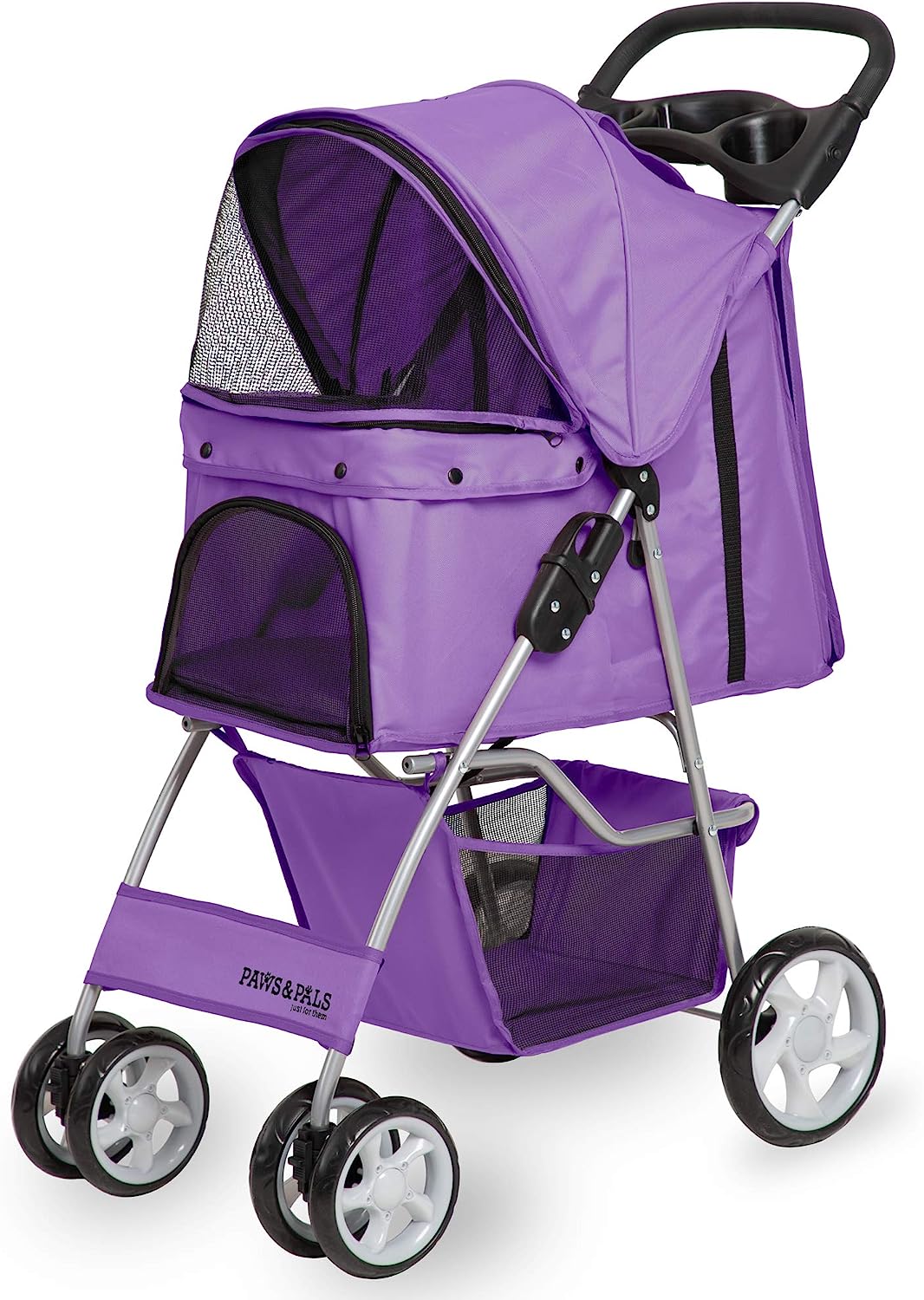 bright purple stroller with storage underneath