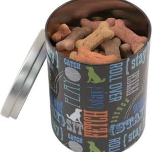 printed metal dog treat container