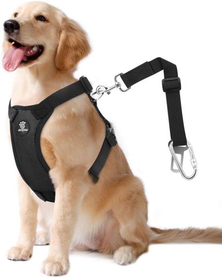 Musonic Dog Safety Vest Harness with Safety Belt for Most Car Travel Strap Vest with Car Seat Belt Lead Adjustable Lightweight and Comfortable Black for Small Medium Large Dogs 