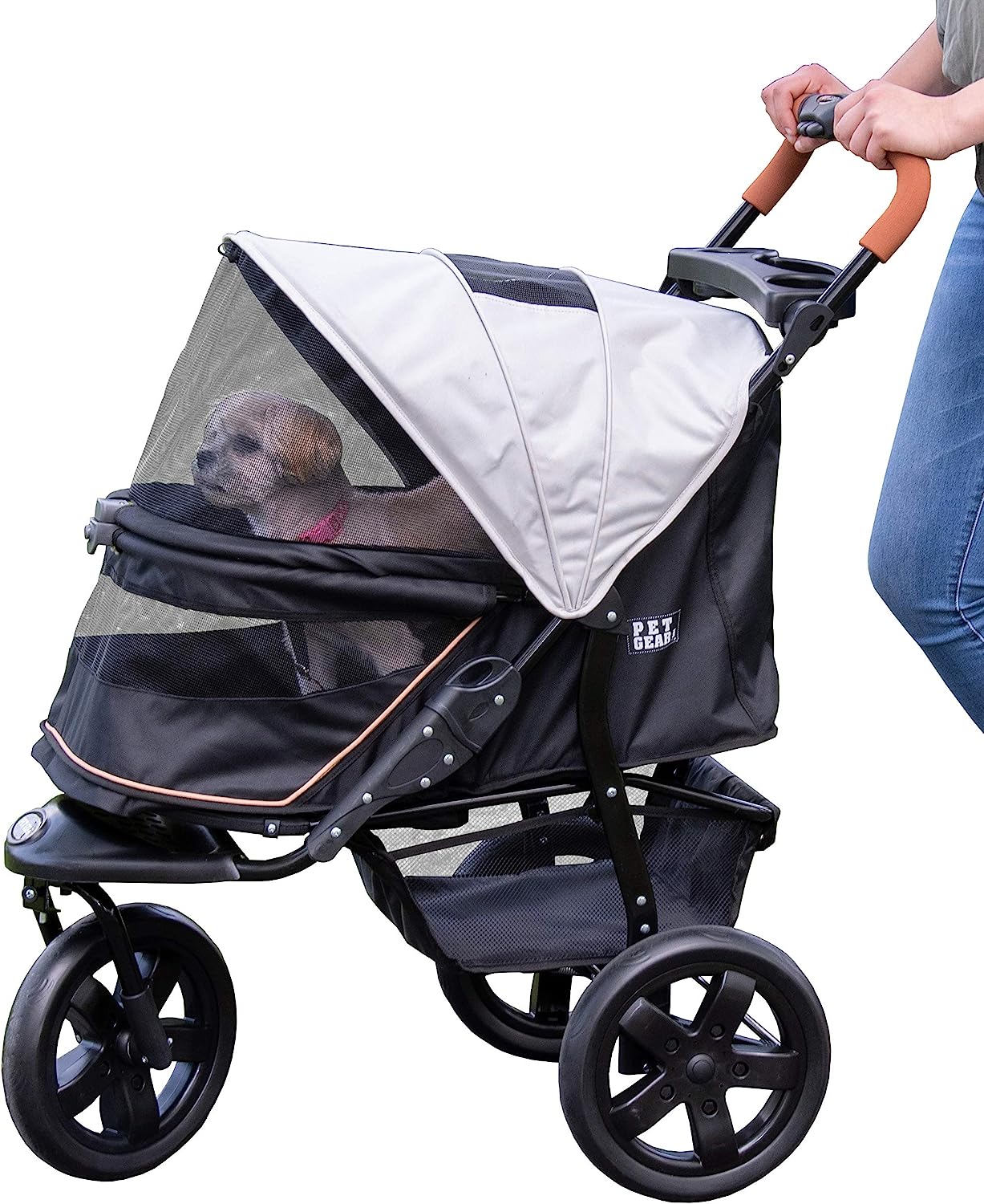 three wheeled pet stroller with gray top