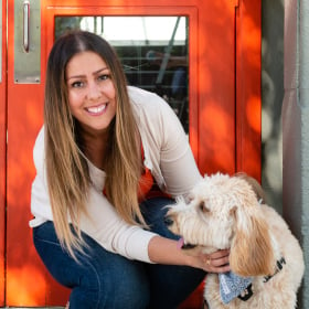 smiling woman petting a small white and brown dog